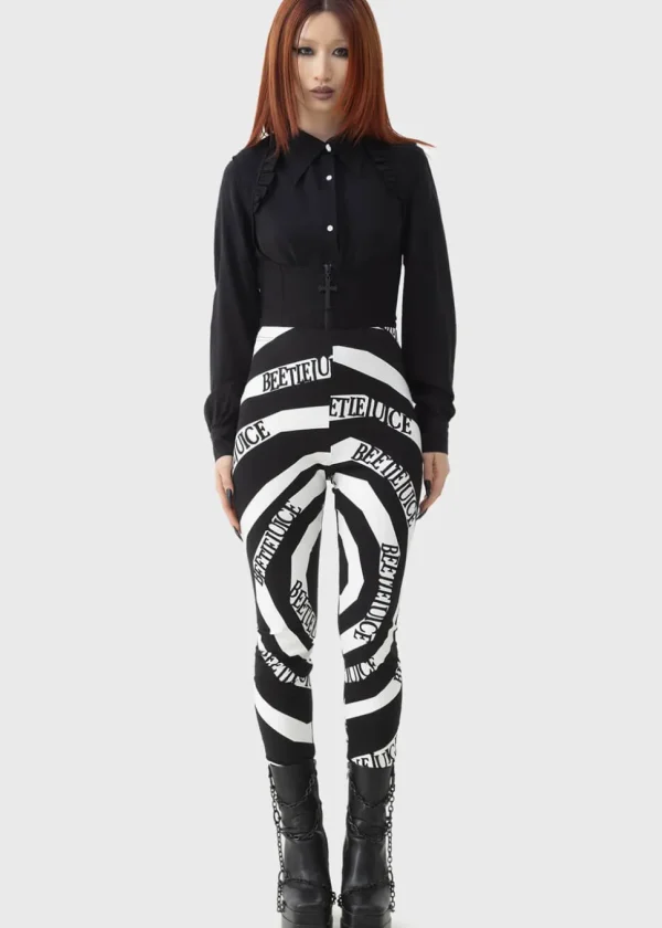 Killstar x Beetlejuice Vertigo Spiral Leggings Black White
