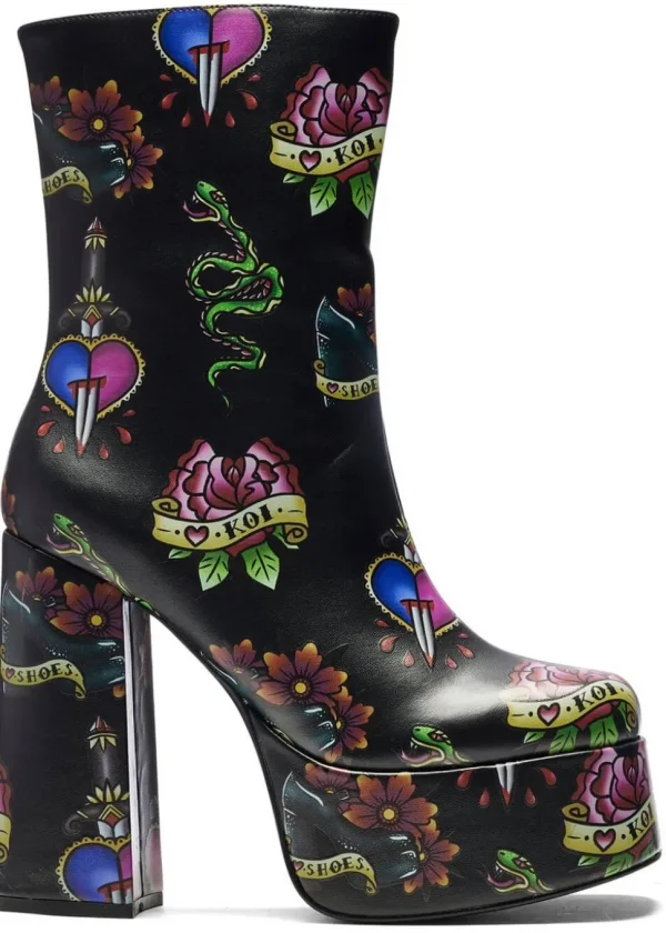 Koi Footwear Verdict Of A Serpent & Dagger Tattoo Platform Boots Black
