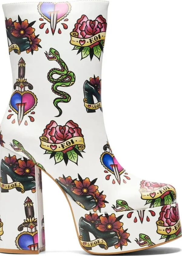 Koi Footwear Verdict Of A Serpent & Dagger Tattoo Platform Boots White