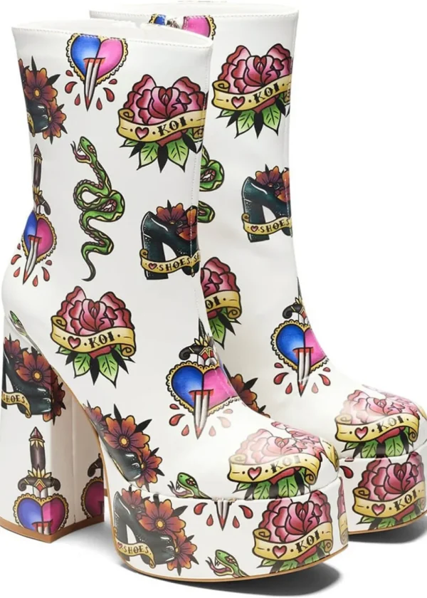 Koi Footwear Verdict Of A Serpent & Dagger Tattoo Platform Boots White