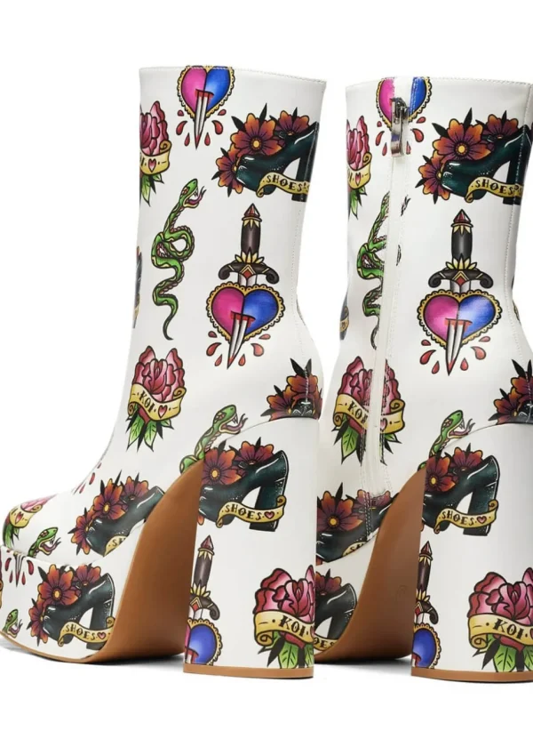 Koi Footwear Verdict Of A Serpent & Dagger Tattoo Platform Boots White