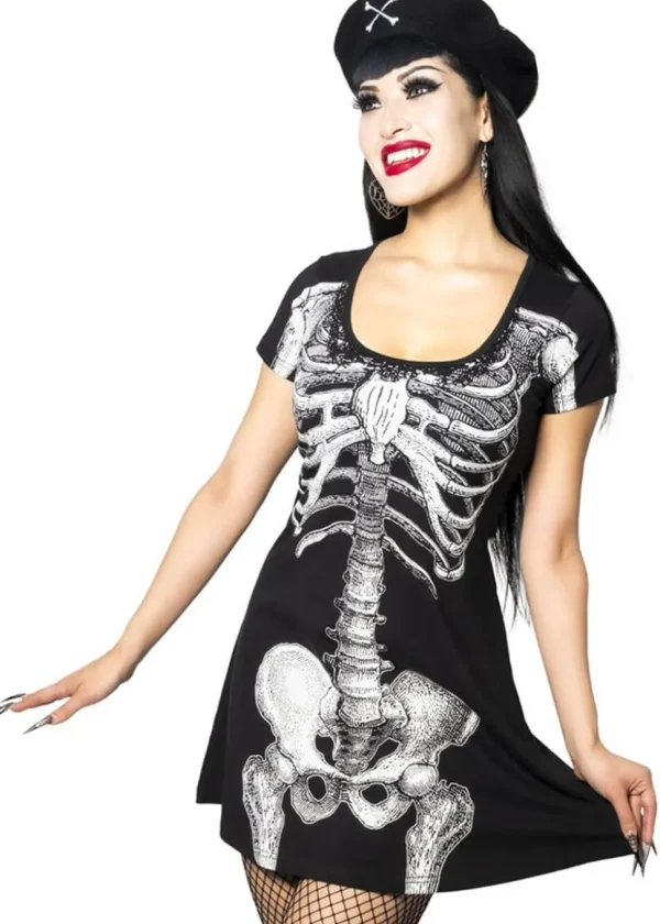 Kreepsville Skeleton Flare Dress Black White