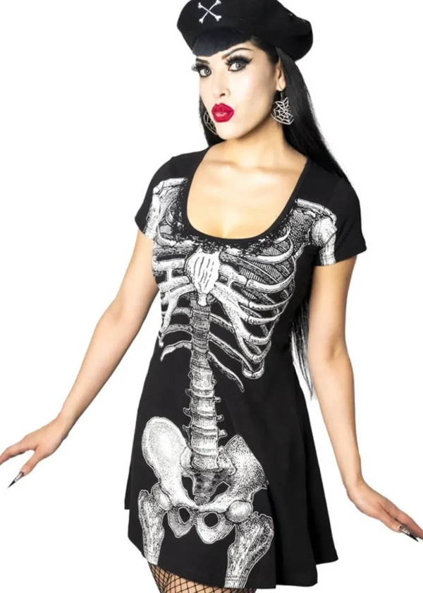 Kreepsville Skeleton Flare Dress Black White