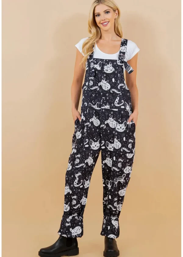 LA Soul Ayla Celestial Cats Dungarees Black