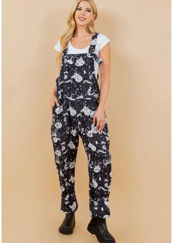 LA Soul Ayla Celestial Cats Dungarees Black