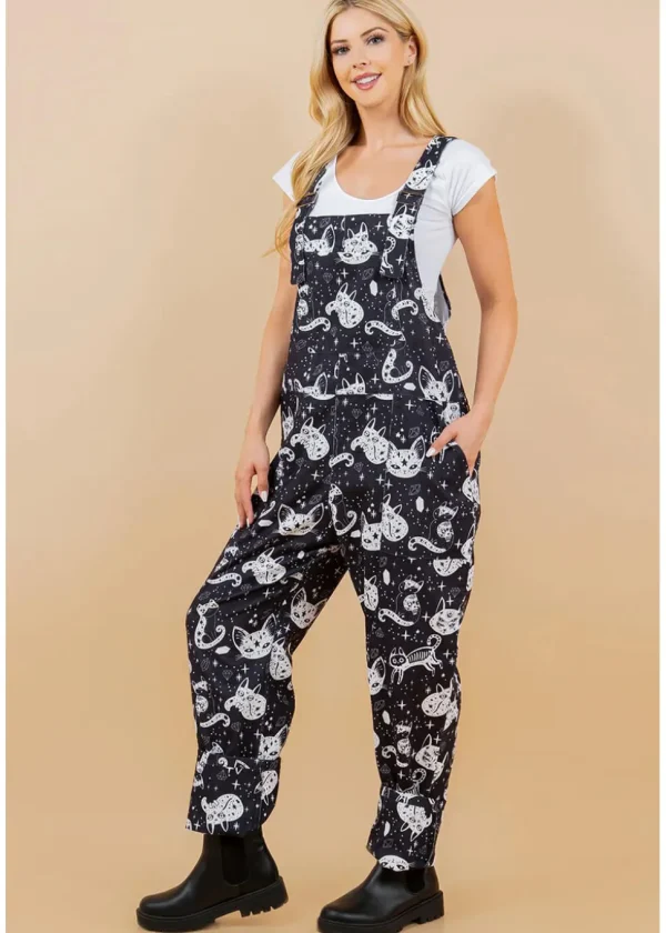 LA Soul Ayla Celestial Cats Dungarees Black
