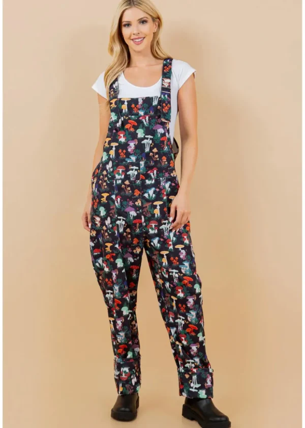 LA Soul Ayla Mushroom Garden Dungarees Black