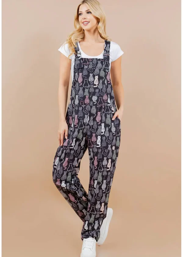LA Soul Ayla Retro Cats Dungarees Black