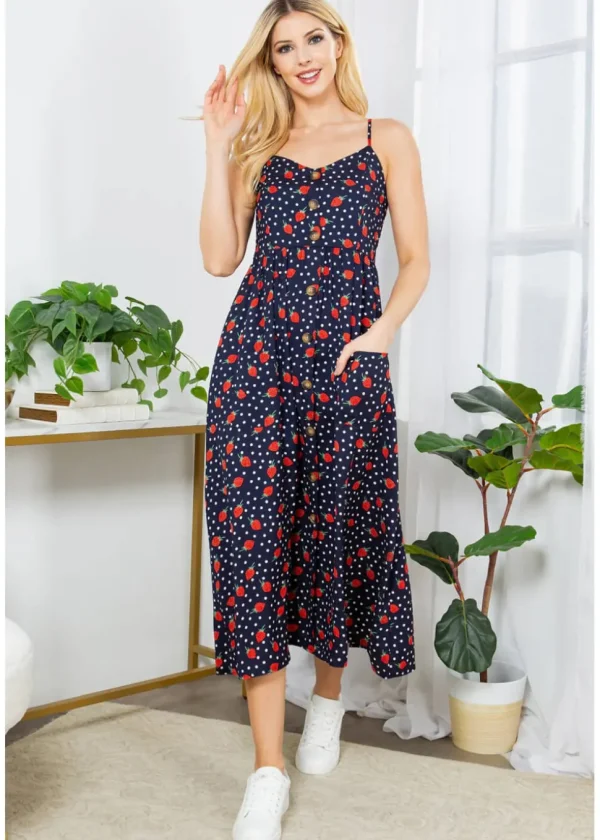 LA Soul Misty Strawberry Polkadot Maxi Dress Navy