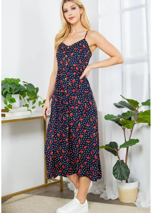 LA Soul Misty Strawberry Polkadot Maxi Dress Navy