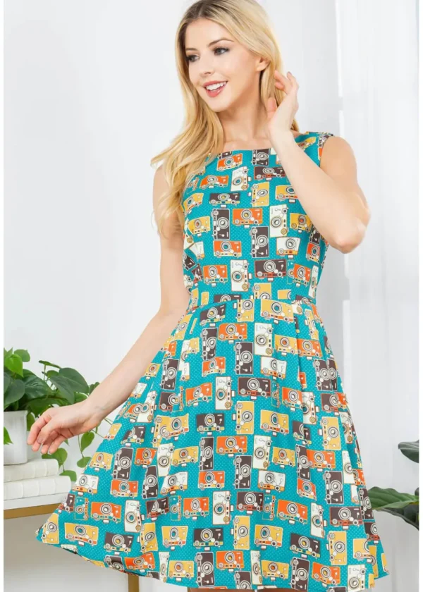 LA Soul Zoey Vintage Camera Skater Dress Green