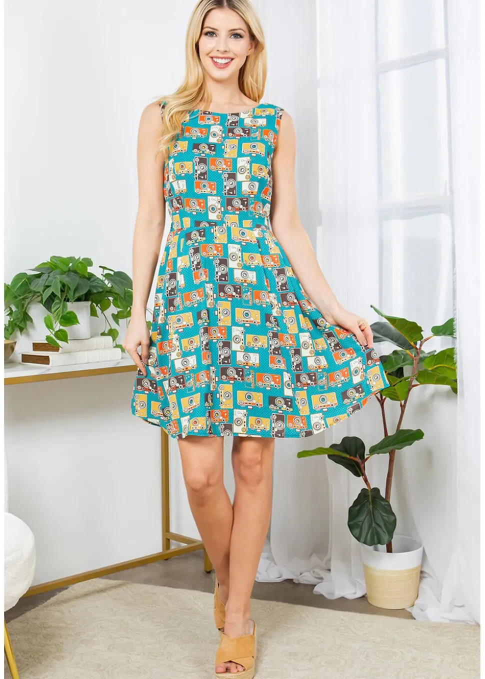 LA Soul Zoey Vintage Camera Skater Dress Green