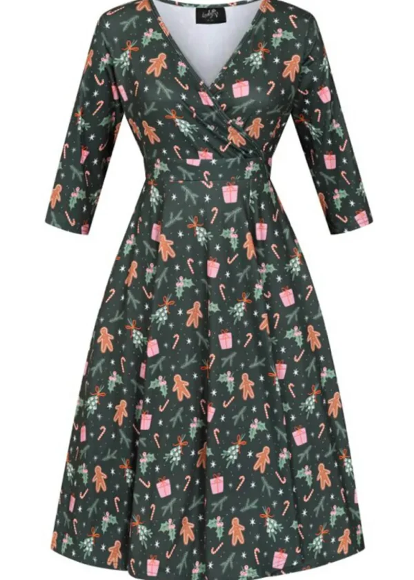 Lady V Lyra Gingerbread Christmas 50's Swing Dress Green