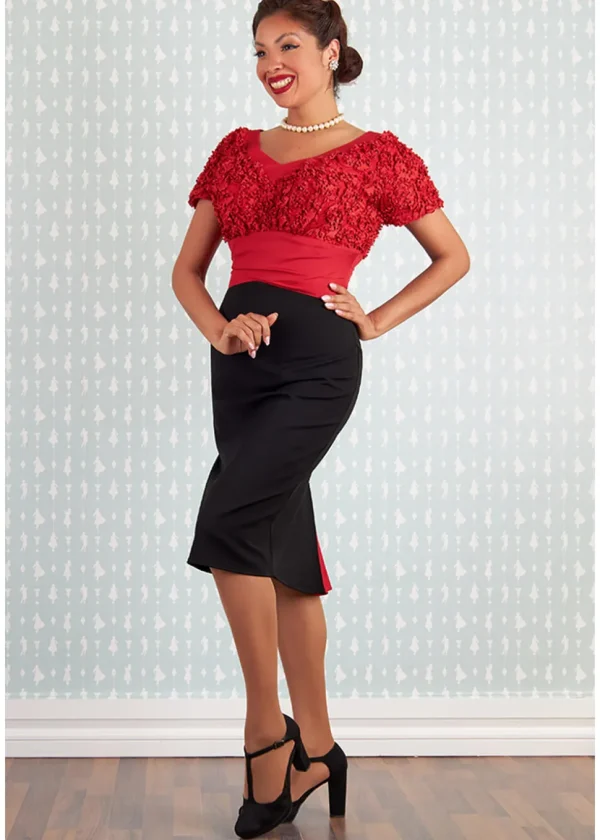Miss Candyfloss Avarila Rose Lace 50's Pencil Dress Black Red