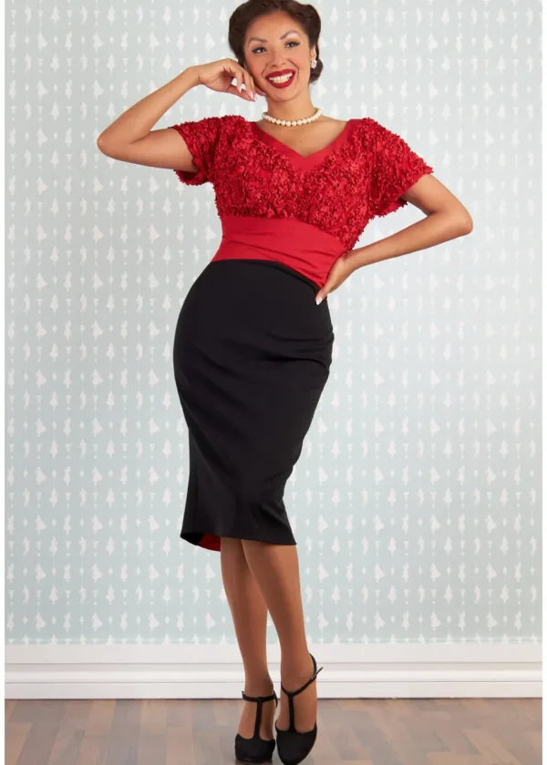 Miss Candyfloss Avarila Rose Lace 50's Pencil Dress Black Red