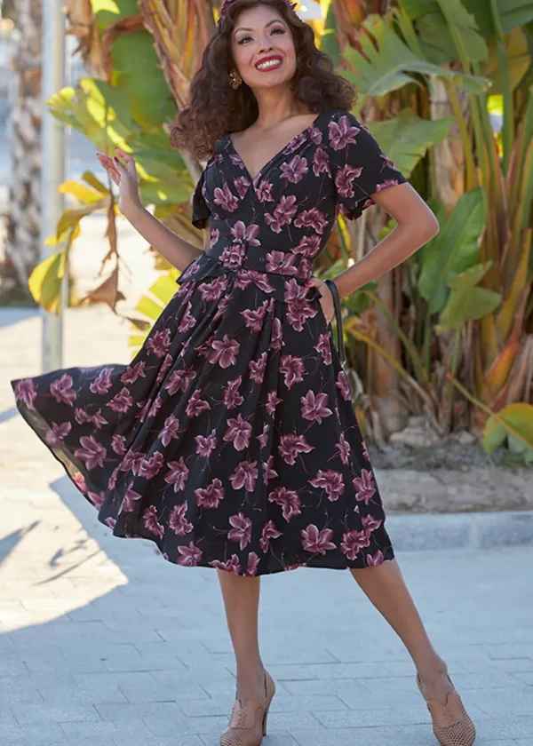 Miss Candyfloss Diana Lou Floral 40's Swing Dress Black Purple