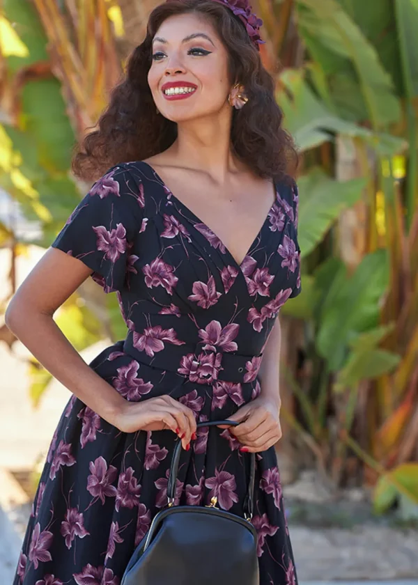 Miss Candyfloss Diana Lou Floral 40's Swing Dress Black Purple