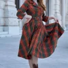 Miss Candyfloss Edrice Fire Tartan 50's Swing Dress Overcoat Orange Green