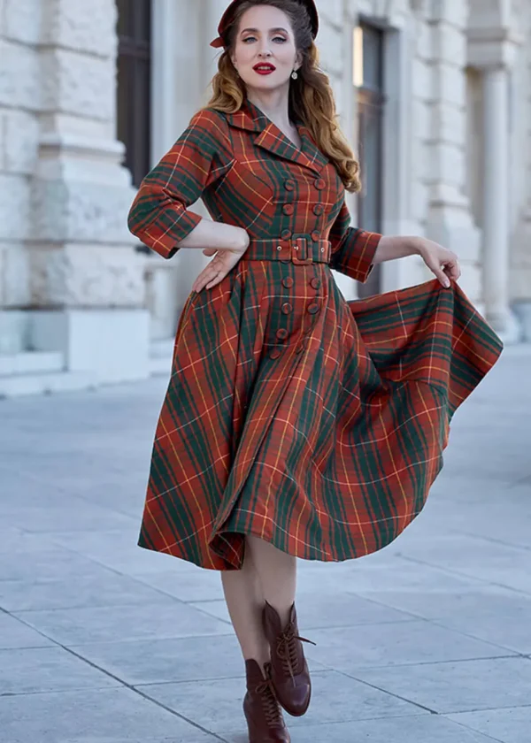 Miss Candyfloss Edrice Fire Tartan 50's Swing Dress Overcoat Orange Green