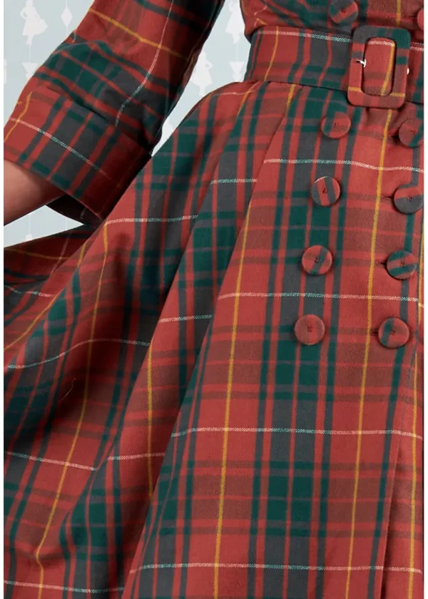 Miss Candyfloss Edrice Fire Tartan 50's Swing Dress Overcoat Orange Green