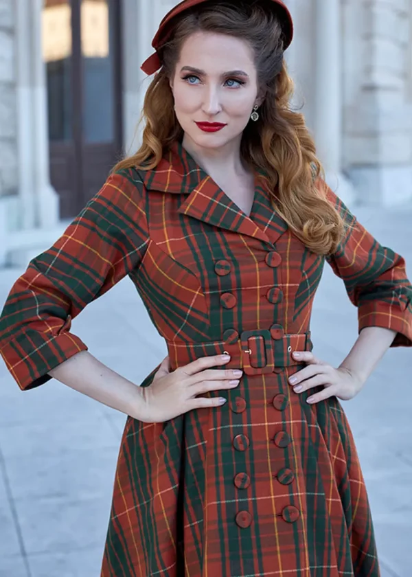 Miss Candyfloss Edrice Fire Tartan 50's Swing Dress Overcoat Orange Green