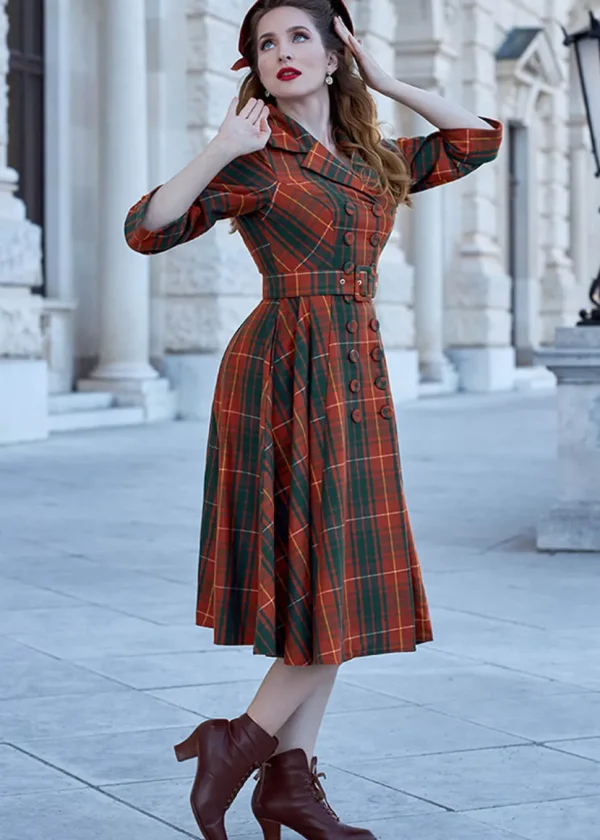Miss Candyfloss Edrice Fire Tartan 50's Swing Dress Overcoat Orange Green