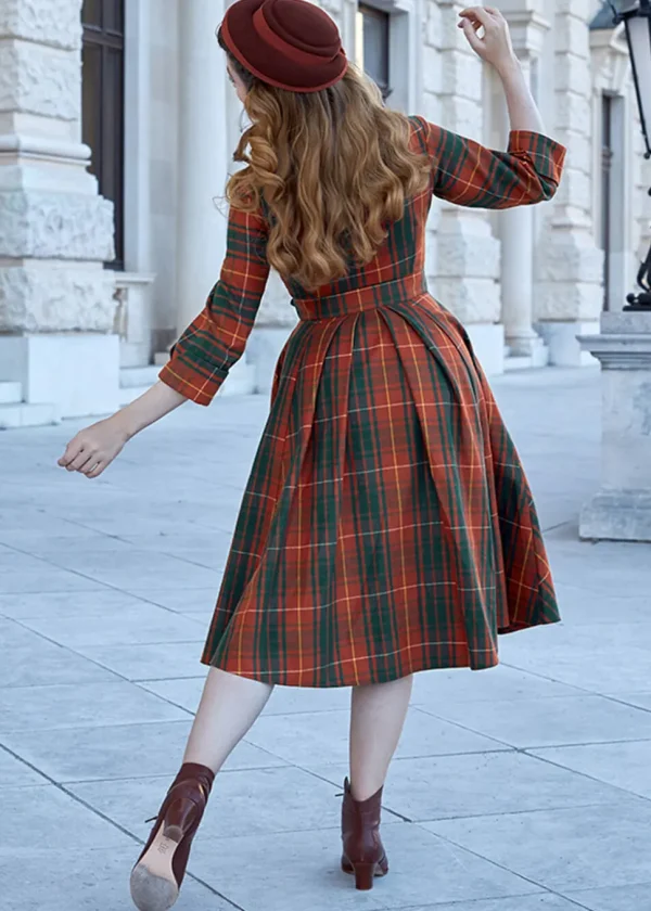 Miss Candyfloss Edrice Fire Tartan 50's Swing Dress Overcoat Orange Green