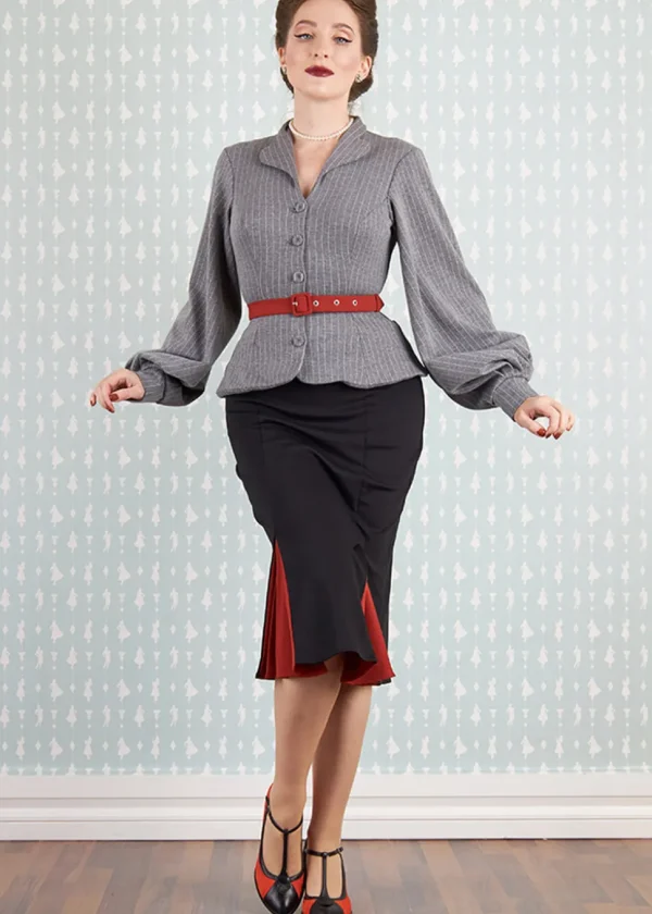 Miss Candyfloss Fallin Abalone Stripe 50's Pencil Dress Grey Black