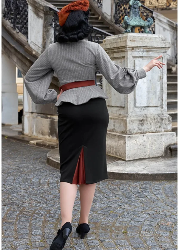 Miss Candyfloss Fallin Abalone Stripe 50's Pencil Dress Grey Black