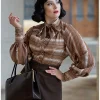 Miss Candyfloss Fulande Mocha Stripe 40's Blouse Dark Brown
