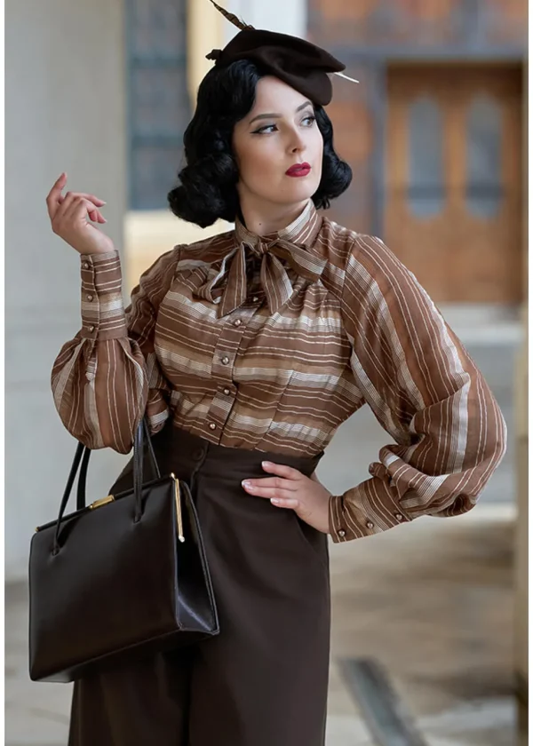 Miss Candyfloss Fulande Mocha Stripe 40's Blouse Dark Brown