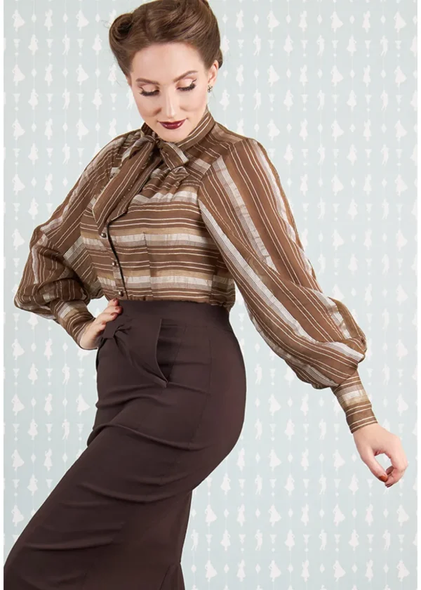 Miss Candyfloss Fulande Mocha Stripe 40's Blouse Dark Brown