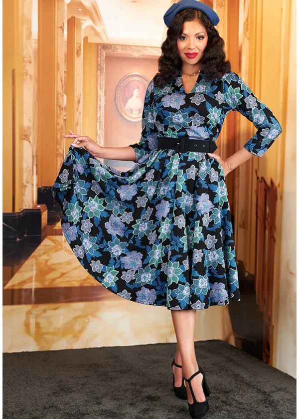 Miss Candyfloss Hasia Lee Floral 40's Swing Dress Navy
