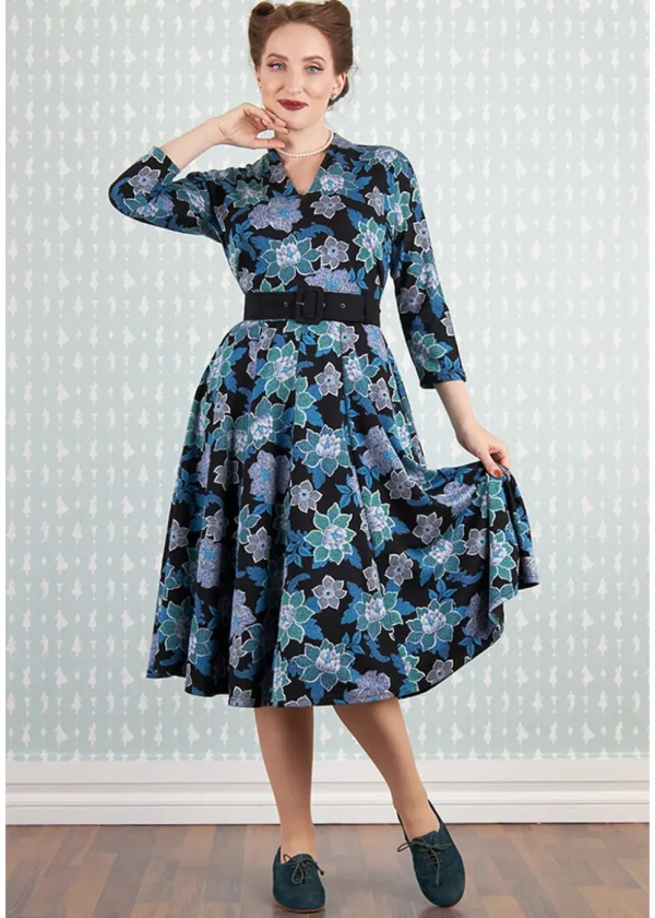 Miss Candyfloss Hasia Lee Floral 40's Swing Dress Navy