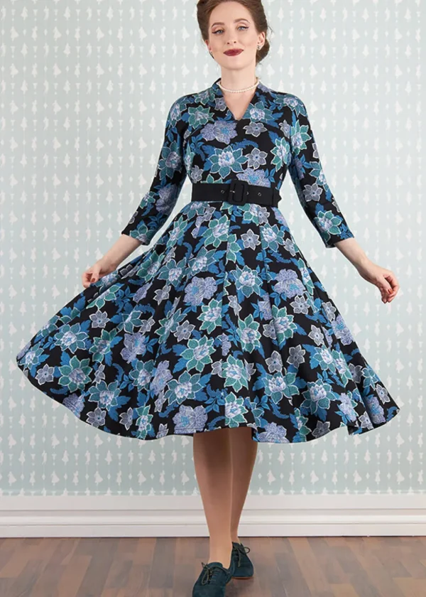 Miss Candyfloss Hasia Lee Floral 40's Swing Dress Navy