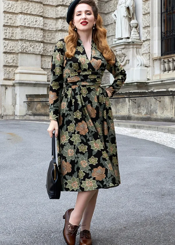 Miss Candyfloss Hermiona Asparagus Floral 40's Swing Dress Olive