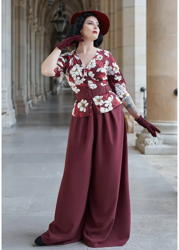 Miss Candyfloss Ladivina Bo Floral 40's Jumpsuit Wine