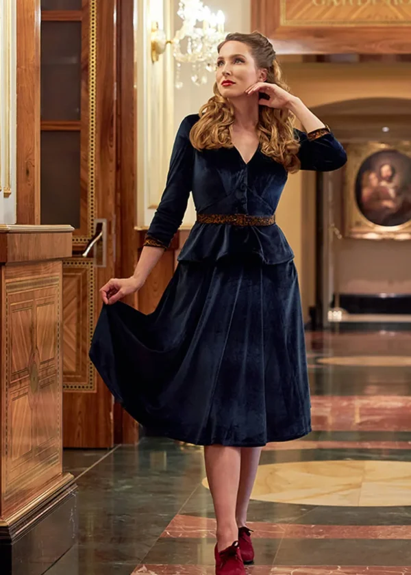 Miss Candyfloss Valencia Lee Velvet 40's Swing Dress Navy