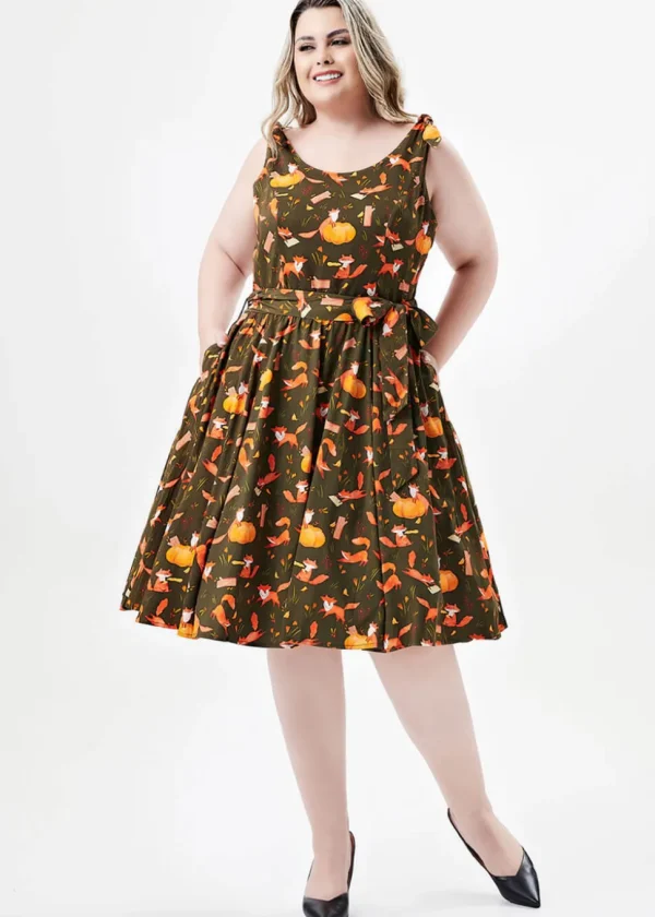 Miss Lulo Bri Autumn Foxes 50's Swing Dress Grey