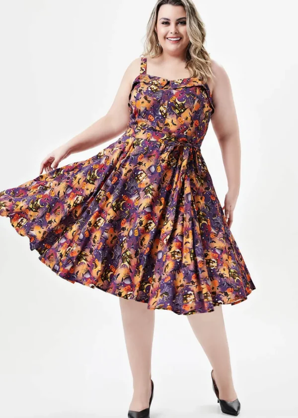 Miss Lulo Kyla Black Cats & Witches 50's Swing Dress Purple