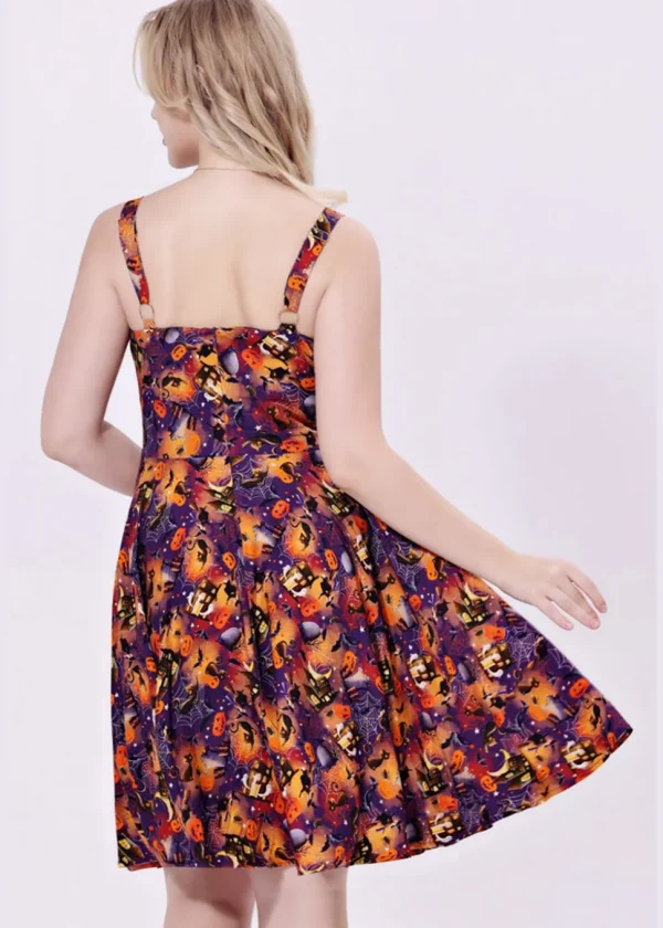 Miss Lulo Kyla Black Cats & Witches 50's Swing Dress Purple