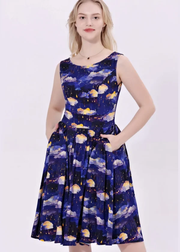 Miss Lulo Lily Raining Clouds 50's Swing Dress Navy