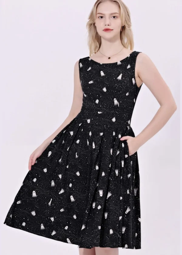 Miss Lulo Lily Spooky Ghosts 50's Swing Dress Black