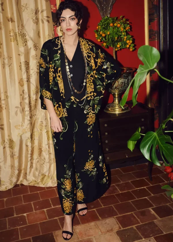 One Hundred Stars Chrysanthemum Crepe Palazzo Trousers Black