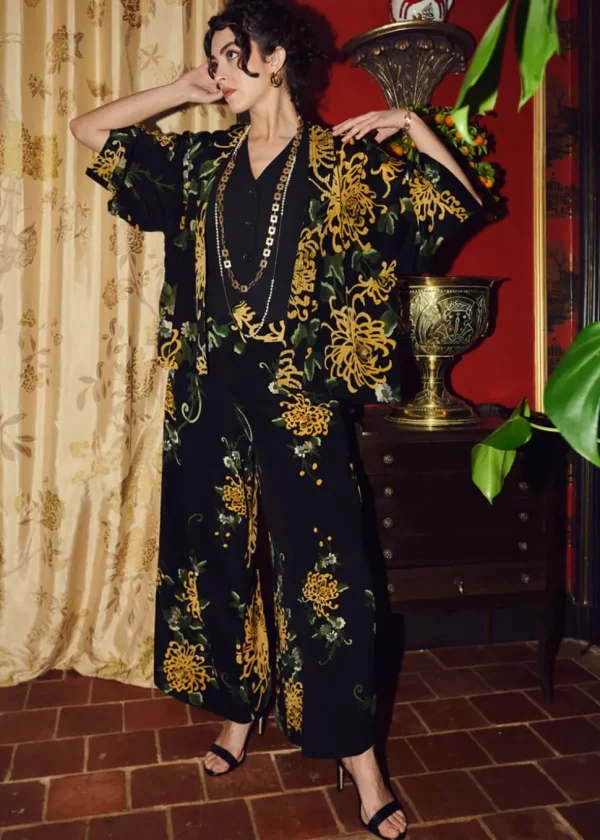 One Hundred Stars Chrysanthemum Crepe Palazzo Trousers Black