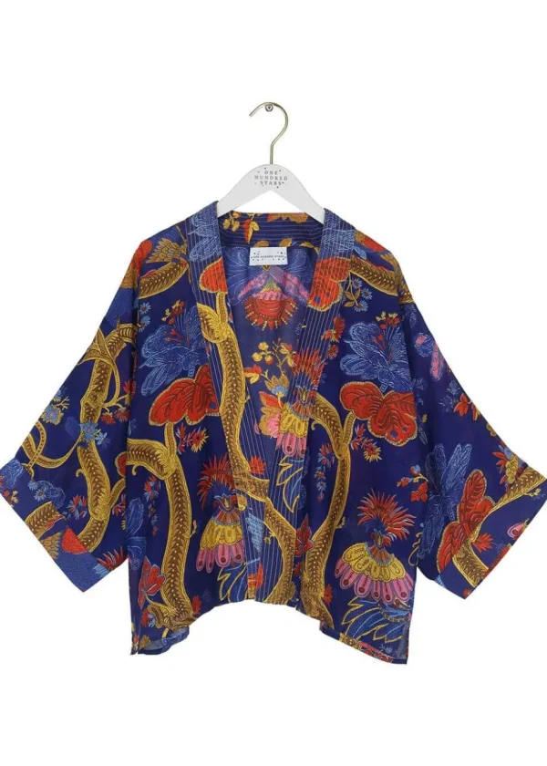 One Hundred Stars Climbing Peacock Short Kimono Royalblue