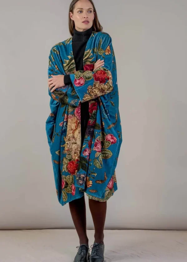 One Hundred Stars Primula Velvet Long Kimono Teal