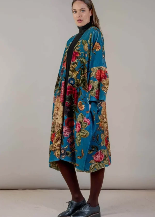 One Hundred Stars Primula Velvet Long Kimono Teal