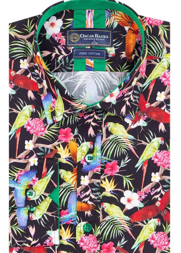 Oscar Banks Mens Parrot Jungle Shirt Black