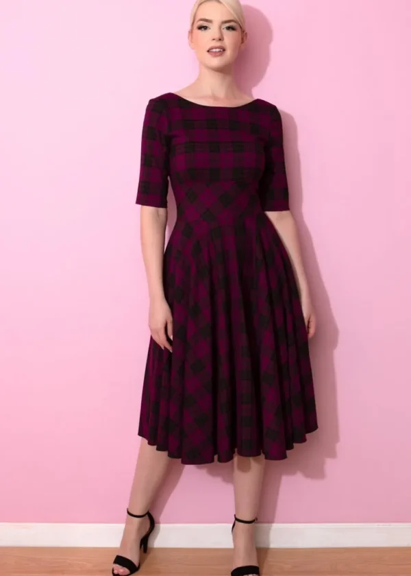 Pretty Dress Company Hepburn Tartan 50's Swing Jurk Berry